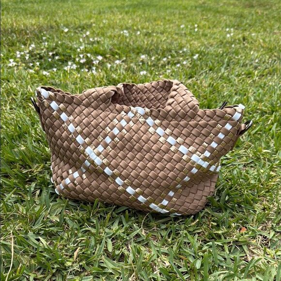 Woven Teryline Tan and White Women's Bag - Small Tote Bag Crossbody Strap - Picture 1 of 2